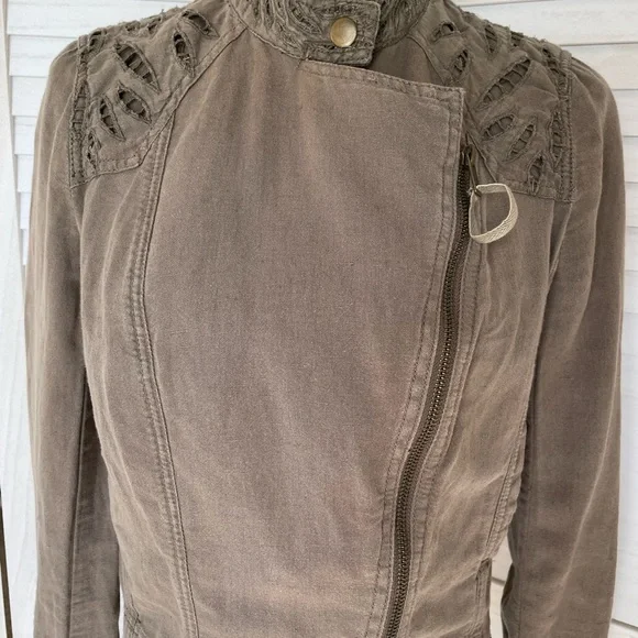 Free People Sz 4 Linen Cotton Eyelet Moto Jacket Olive Green Zip - Picture 6 of 13